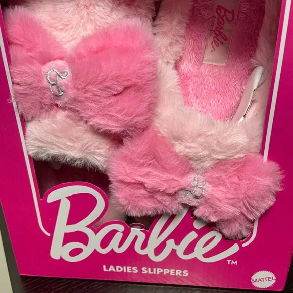 Barbie Fuzzy Pink Slippers with Bow - Picture 2 of 3